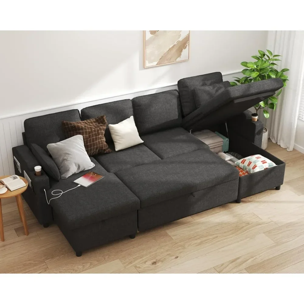 

Sofa Bed Pull Out Couch Sleeper with Double Storage Chaise, U Shaped Convertible Sectional Sleeper Sofa for Living Roo