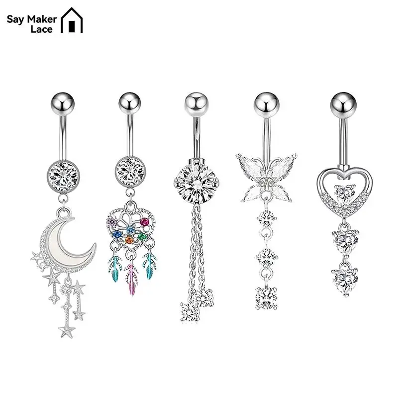 Zircon Moon Star Heart Pendant Navel Piercing Ornament Butterfly Water Drop Belly Button Ring For Women Body Piercing Jewelry