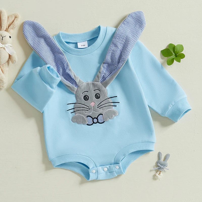 Tregren 0-18Months Newborn Baby Boy Easter Bubble Romper Bunny Embroidery Long Sleeve Jumpsuit Spring Infant Clothes