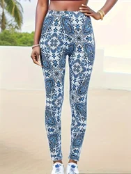 Blue White Geometric Casual Tight Fitting Women's Leggings For Healthy Height Stretch Running Sports And Exercise Cropped Pants