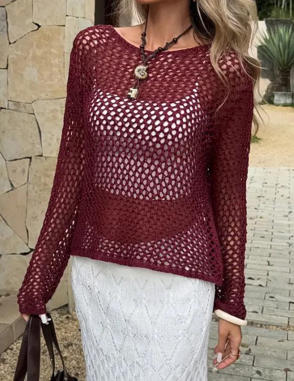 

2026 Spring/Summer New Women's Fashion Leisure Vacation Round Neck Hollow Long Sleeve Hoodie Top Women's Wear