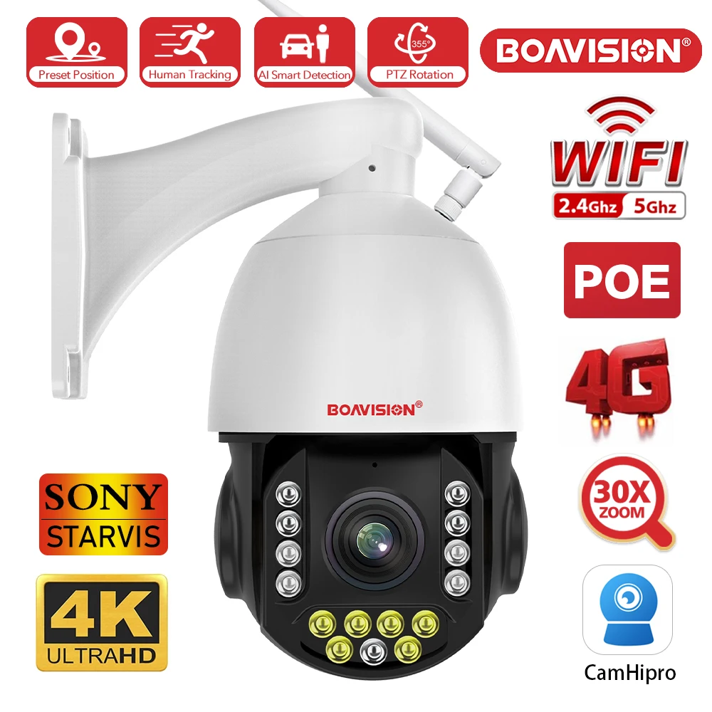 4K 8MP Outdoor Camera 4G Sim Card/WIFI/POE Humanoid Tracking 30X Zoom PTZ Speed Dome 2.4Ghz&5Ghz Dual-Band WIFI Surveillance Cam
