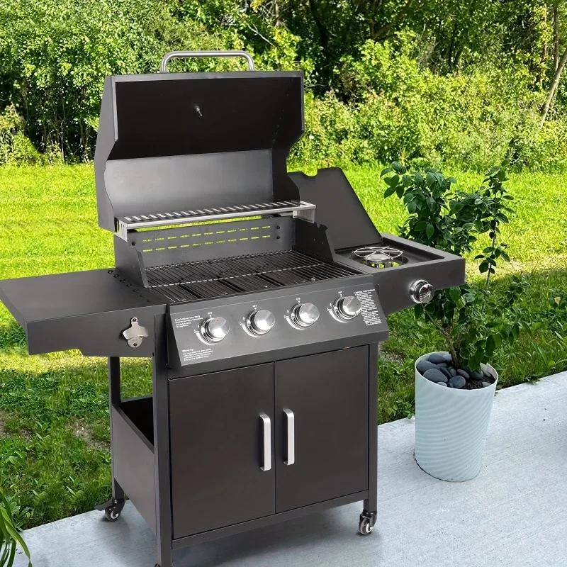 Propane Gas Grill 4 Burners With Side Burner Freestanding Grill Cart With Wheels For Outdoor Garden Cooking Barbecue Grill