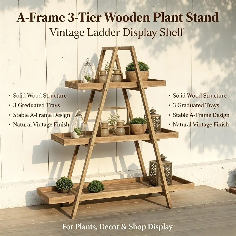 Rustic Wooden  Shelf Farmhouse Tiered Display Stand Vintage Ladder Bookcase for Flower Pot Photo Frame Collectibles Home Decor