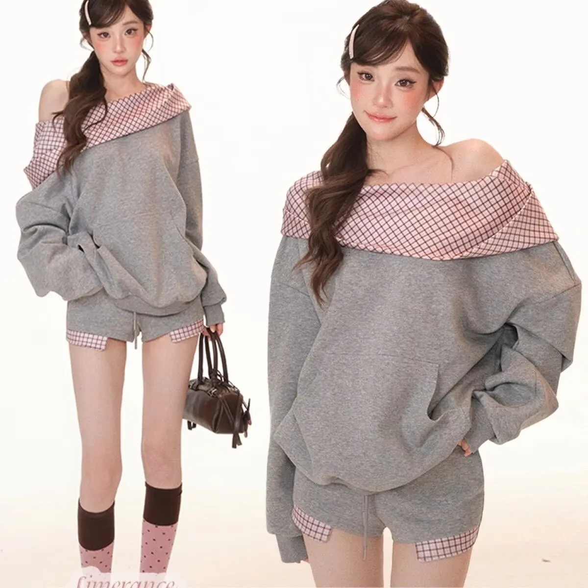 Conjuntos de dos piezas de ropa casual con capucha y diseño de cuadros + mini shorts con cordón estilo Harajuku, ropa de calle, sudaderas de otoño.