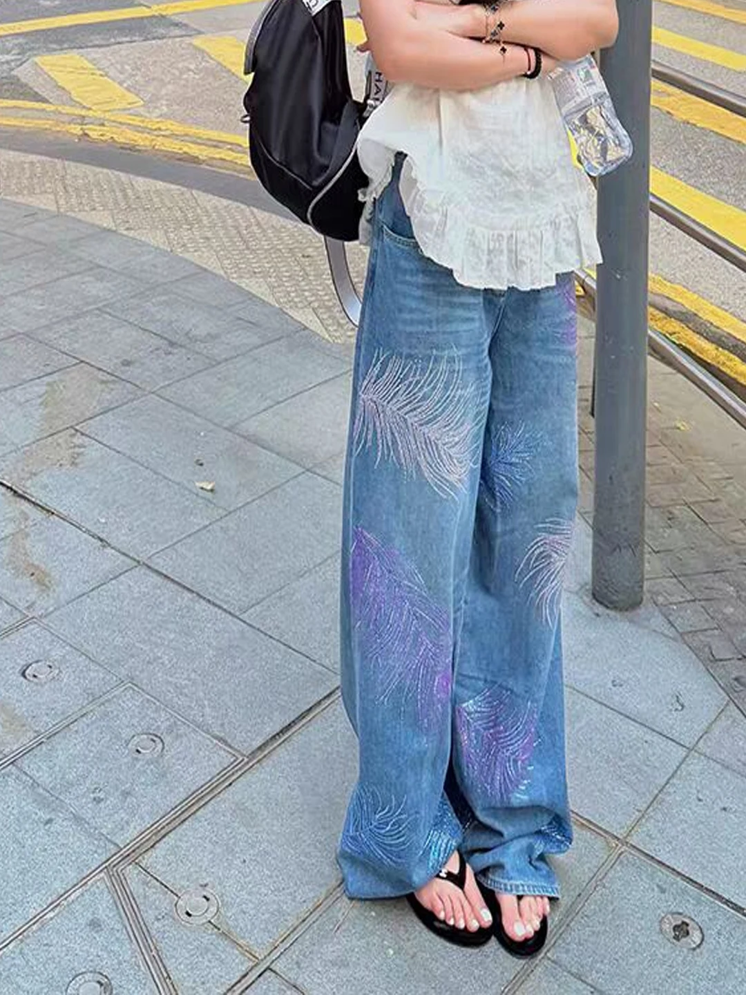 

Feather Rhinestone Denim Pants Women Loose Wide Leg Jeans Spring High Waist Casual Wear Resistant Deep Color