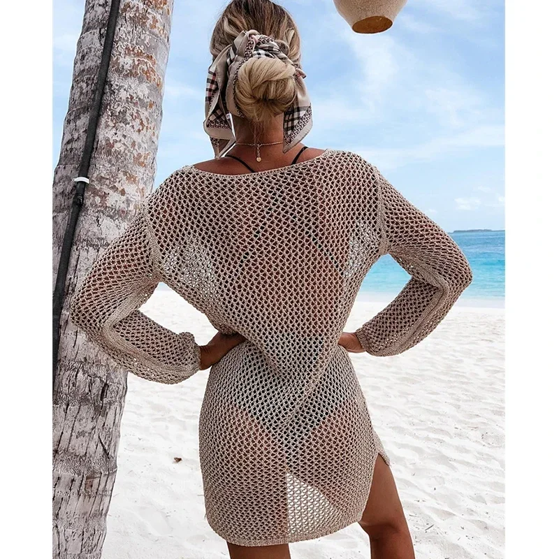 2023 häkeln Strand Cover Up Sexy Bikinis Cover-ups aushöhlen weiße Tunika gestrickt Mini Sommerkleid Frauen Beachwear Badeanzug