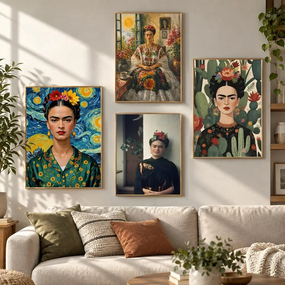 Frida Kahlo Classic Artist Colorful Floral Portrait Poster Contemporary Wall Art Print for Bedroom & Living Room, Unframed