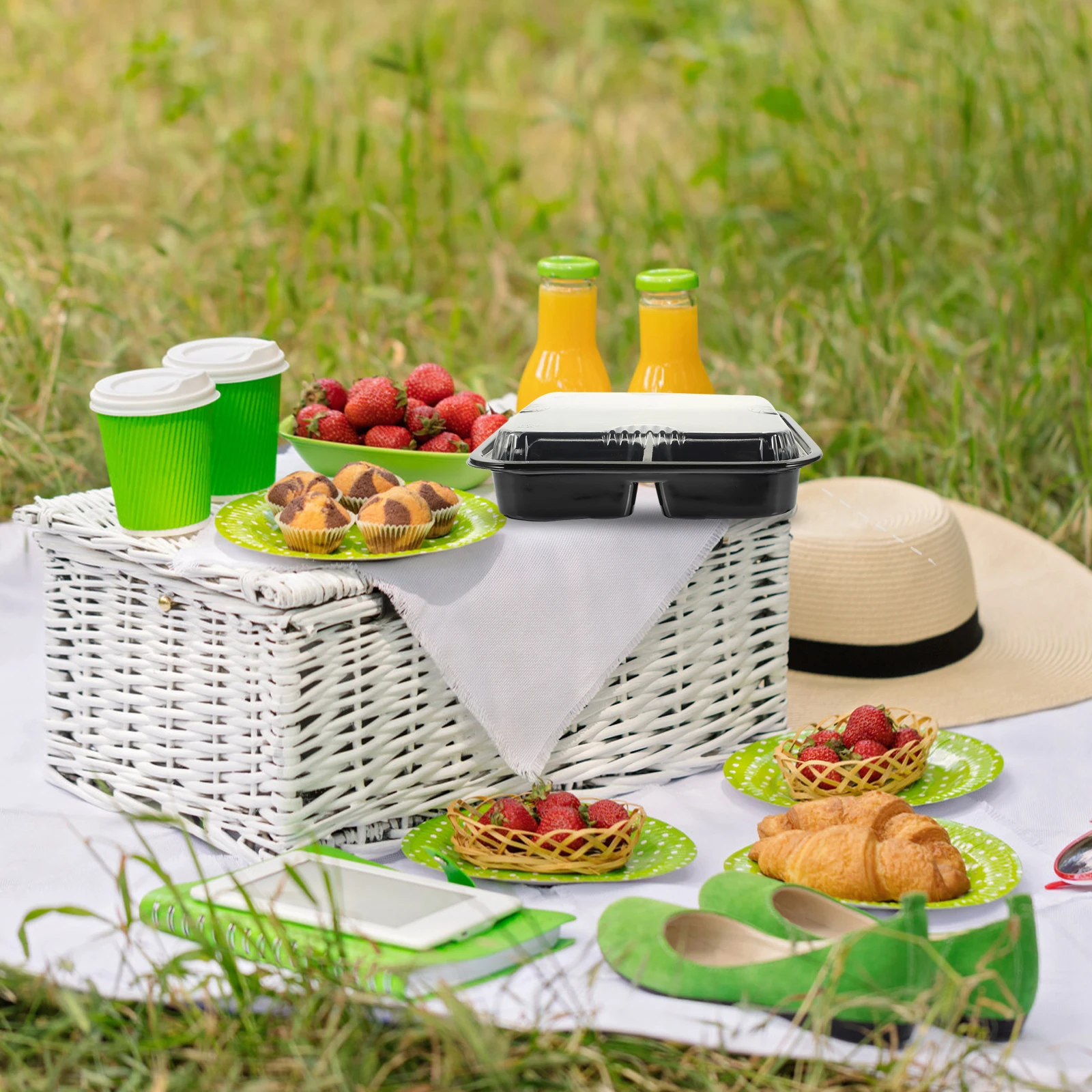 

10pcs Black Thickened Four Grid Cut Fruit Boxes Hygienic Containers Food Packing Take Away Cases For Home Picnic Use Storage