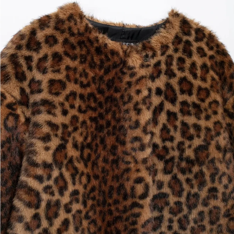 TRAF Parkas Womens Coats Winter Leopard Faux Fur Coat Warm Vintage Autumn Plush Jacket Outerwear Long Sleeve Furry Coats Woman