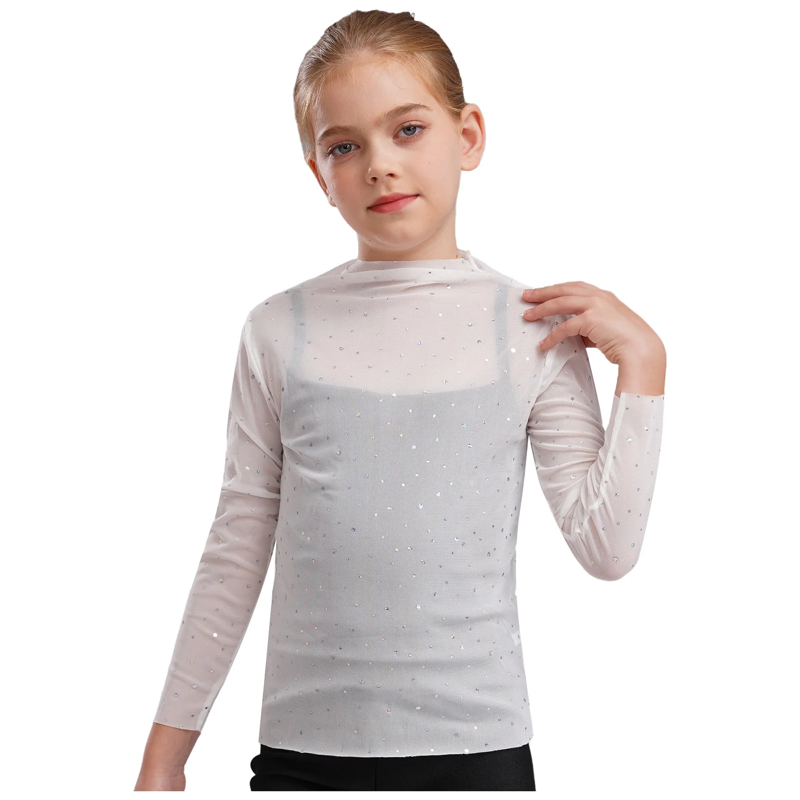 Fashionable See Through Top Kids Girls Sheer Mesh Shiny Sequins Tops Long Sleeve Summer Sun Protection T-shirt Cover Top