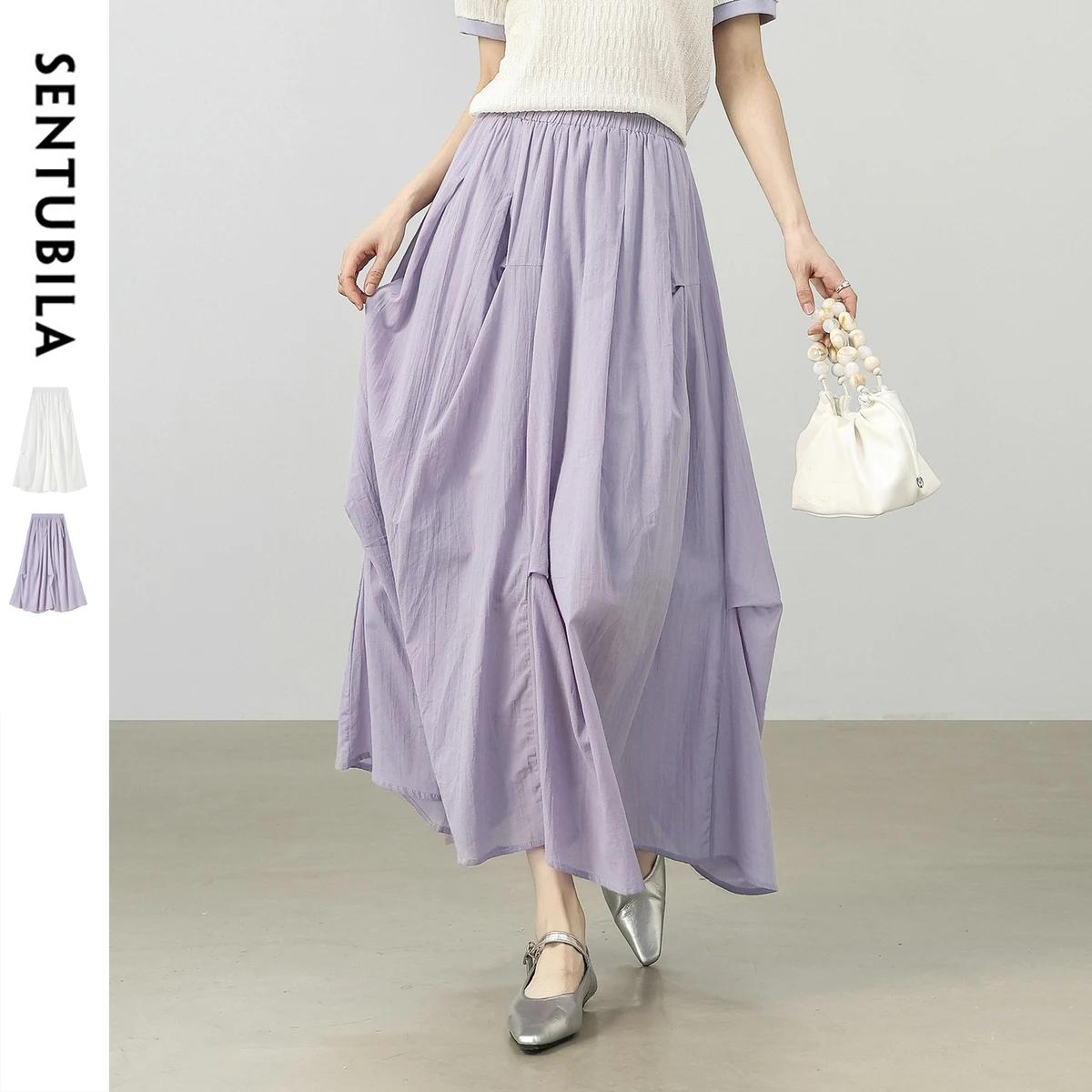 

SENTUBILA Summer Women's A Line Pleated Skirts 2025 New Collection 100% Cotton Midi Skirt Elegant Style Woman Clothing W52QA2345