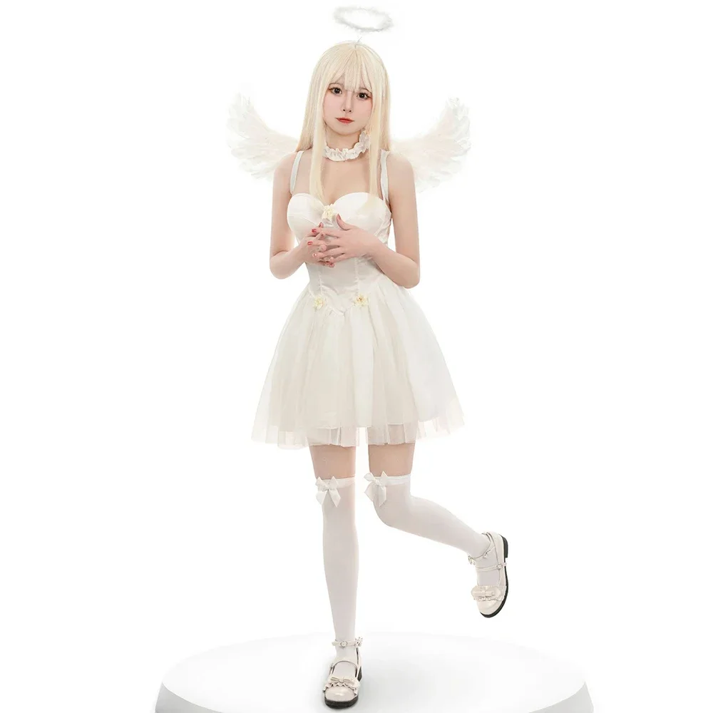 Costume d'ange pour filles, dessin animé mignon d'halloween, ange blanc, diable noir, robe Lolita Cosplay avec ailes, tenue magique de princesse féerique