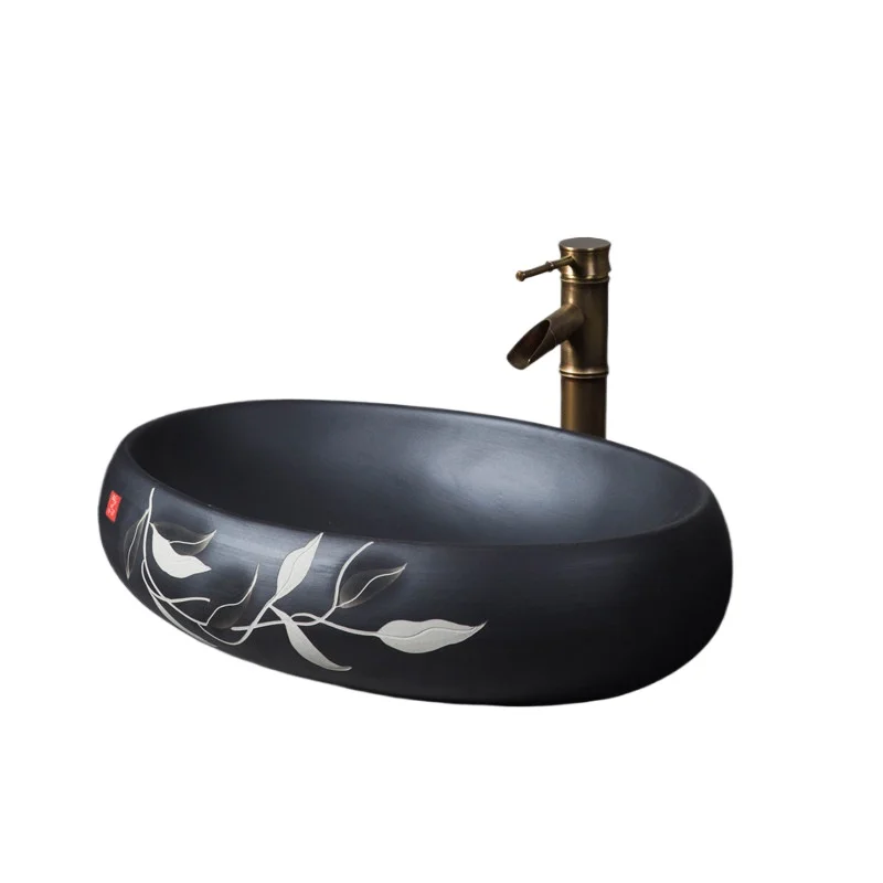 

Черная ретро-раковина овальной формы в китайском стиле, керамическая, для дома, художественная, для балкона, одинарная.