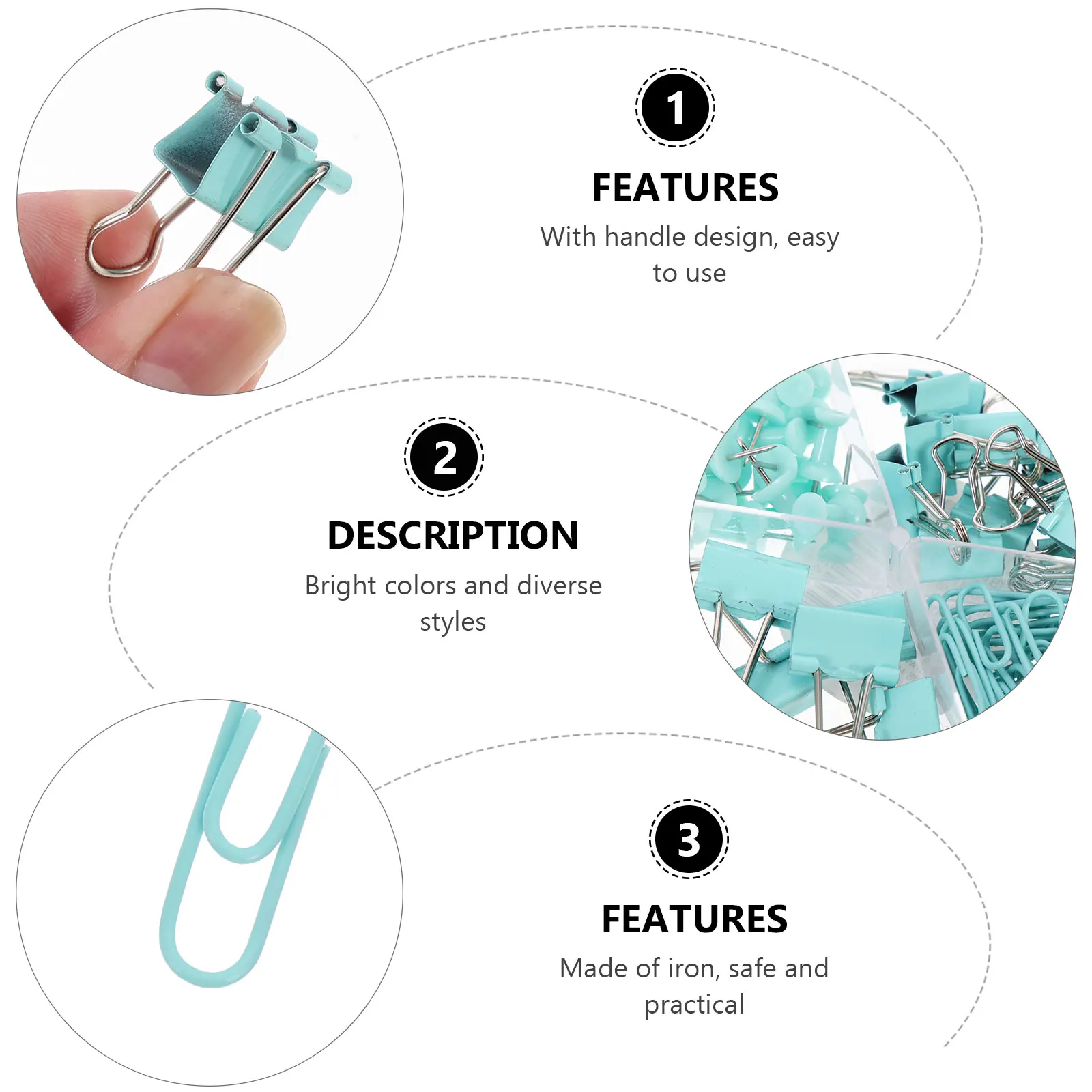 

1 set Note Folder Combination Reusable Iron Thumb Tacks Binder Clips Paperwork Office Child Sky-blue Multi-functional