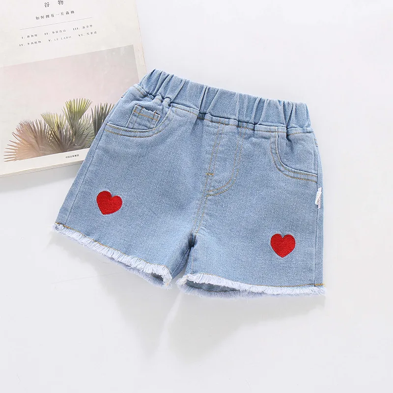 1-5 Y Fahion Children Summer Pants Infant Sweet Red Heart Baby Girl Kid Casual Denim Shorts Pocket Design Children Jeans Clothes