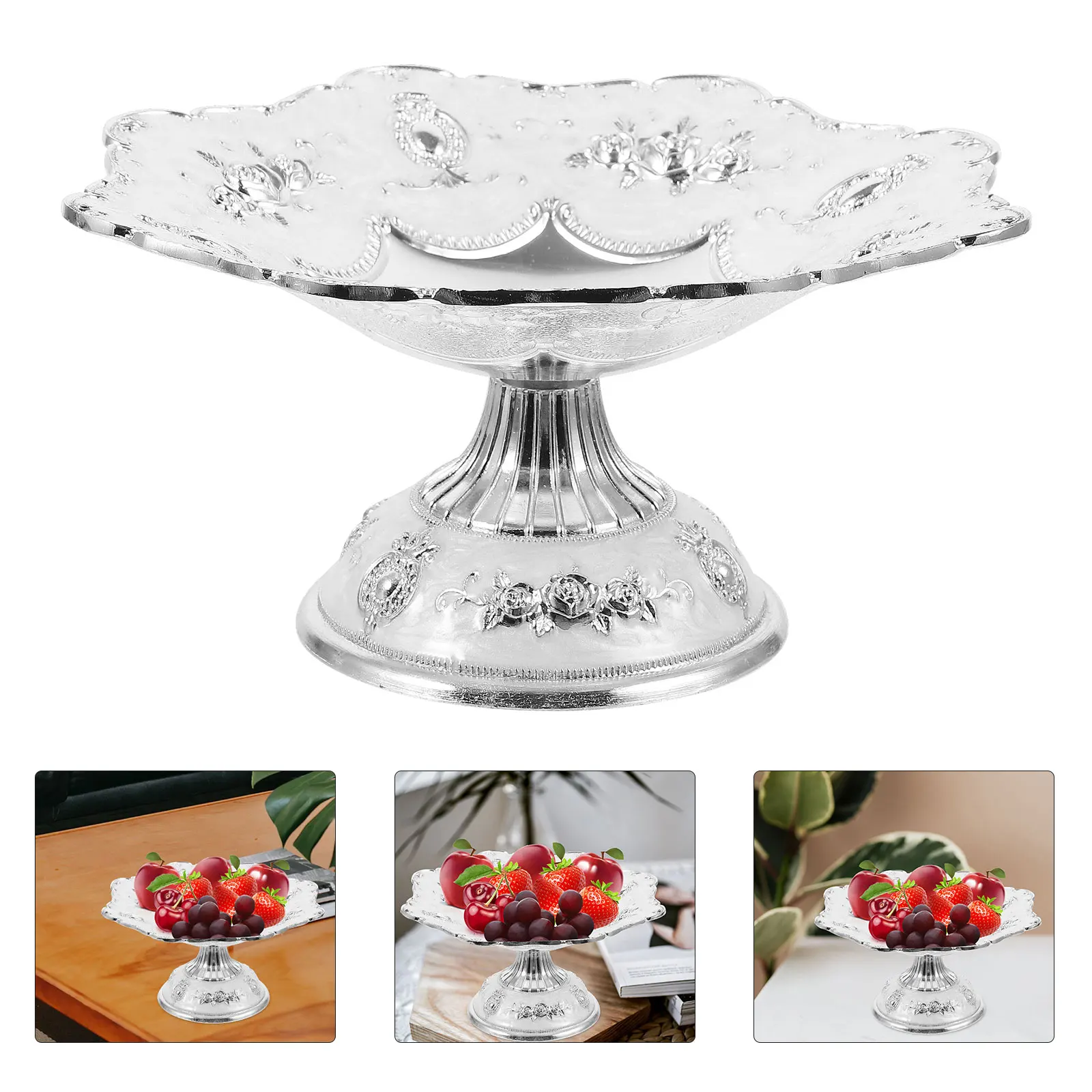 

Silver Fruit Tray Zinc Alloy Decorative Snack Plate Vintage Home Decor Kitchen Counter Office Living Room Fruit Dish Holder