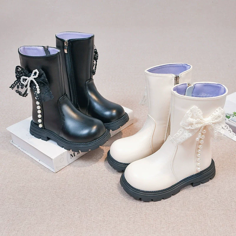 Girls Children Princess Shoes with Butterfly Knot Soft Sole High Top Studded Boots Kids Casual PU Leather Boots Pure Color Shoes