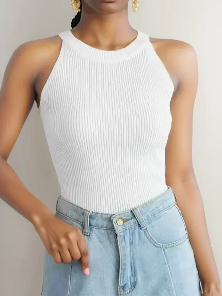 Nuove donne canotta maglia con spalle scoperte sexy girocollo T-shirt da donna tinta unita halter canotta 2024 estate