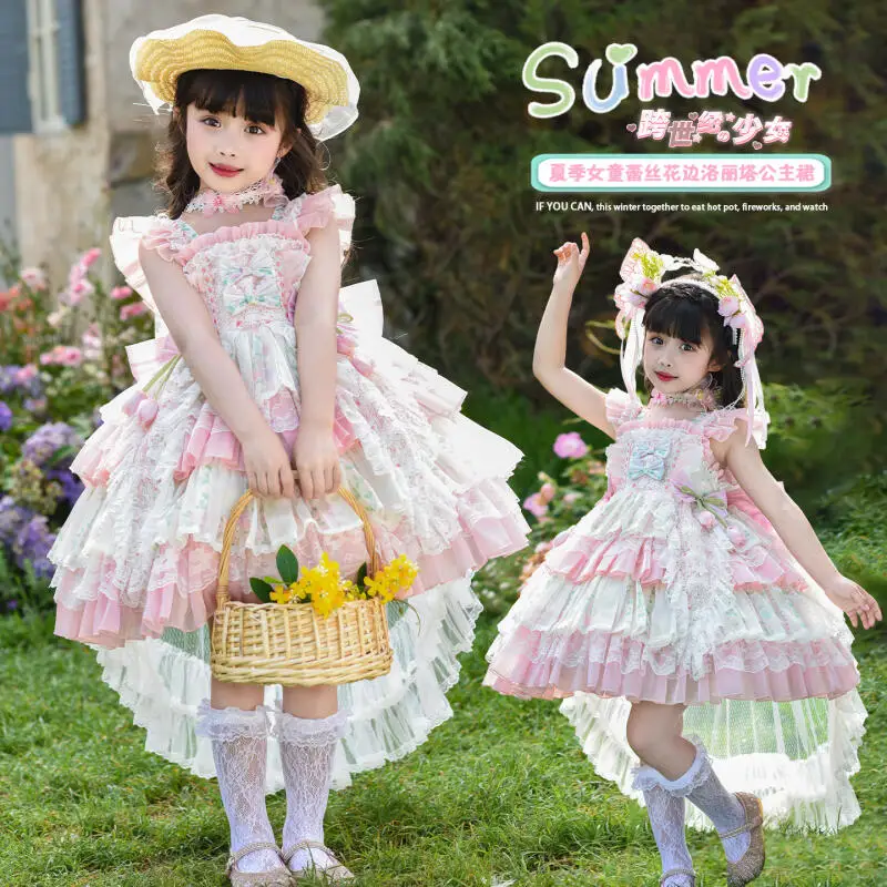 Girl Lolita Summer Princess Dress Sweet Flower Fairy Evening Dress Stylish Good-Looking Dress Tiered Skirt Girl's Birthday Gift