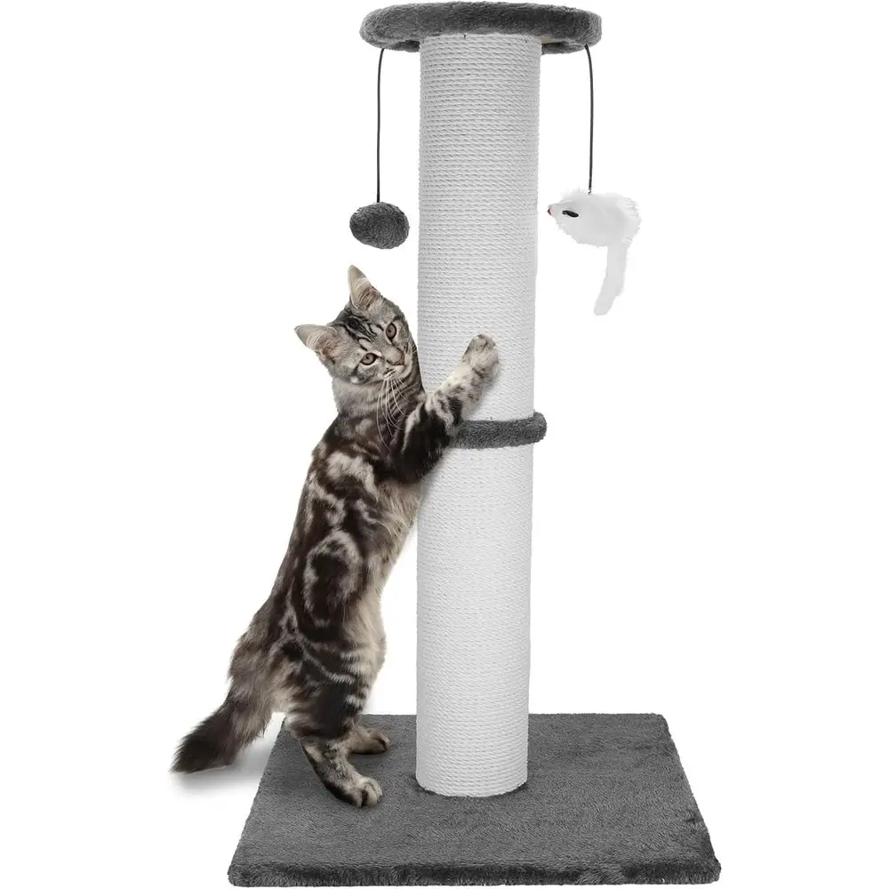 

Sturdy 34 Grey Cat Scratching Post with Thick Rope, Hanging Ball & Mice Toys for Indoor Adult Cats