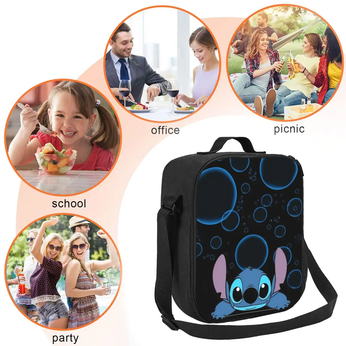 Custom Blue Light Art Stitch Insulated Lunch Tote Bag for Women Cartoon Thermal Cooler Food Bento Box Kids School Children