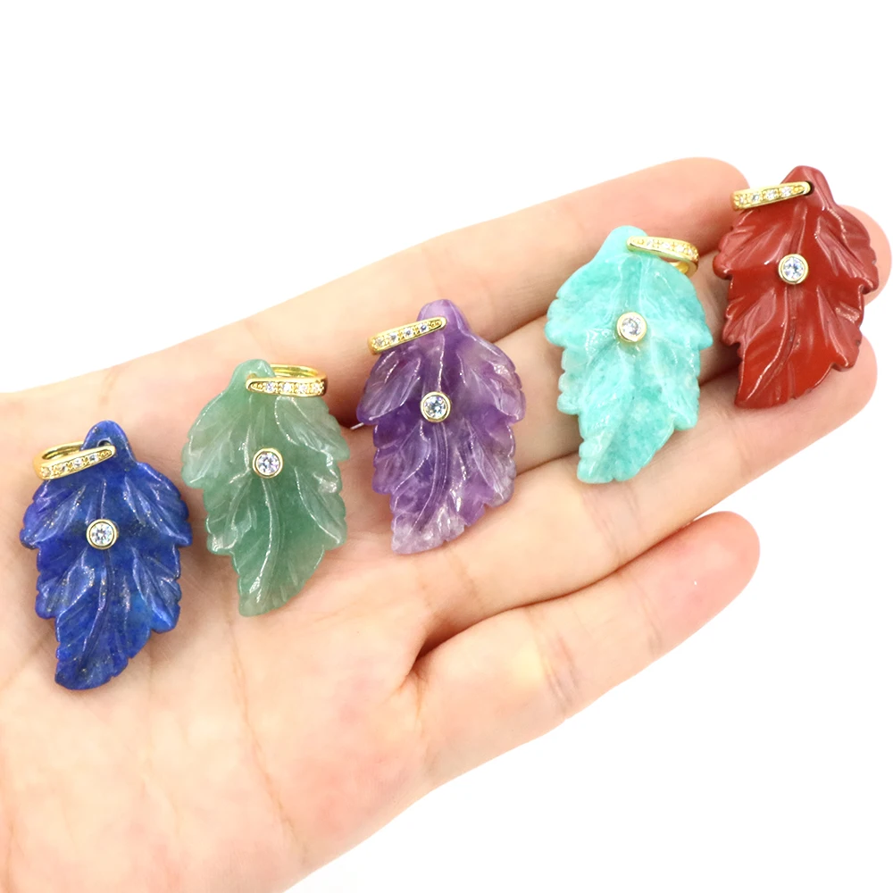 Natural Stone Crystal Leaf with Zircon Pendant Elegant Flower-shaped Gemstone Jewelry for Women