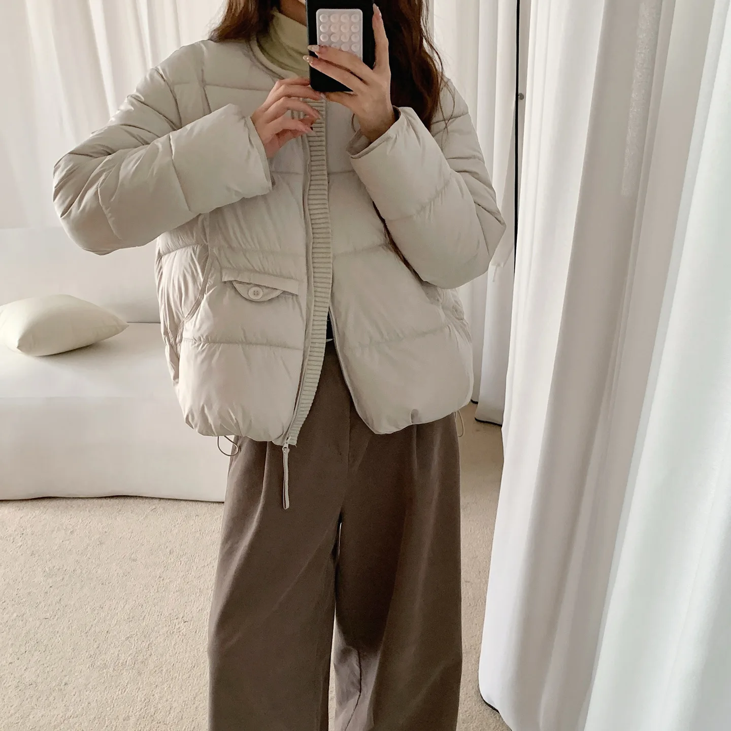 Simple Fashion Knitted Spliced Cotton Coat Women's Casual O-Neck Long Sleeve Warm Bread Outerwear Winter Versatile Zipper Jacket