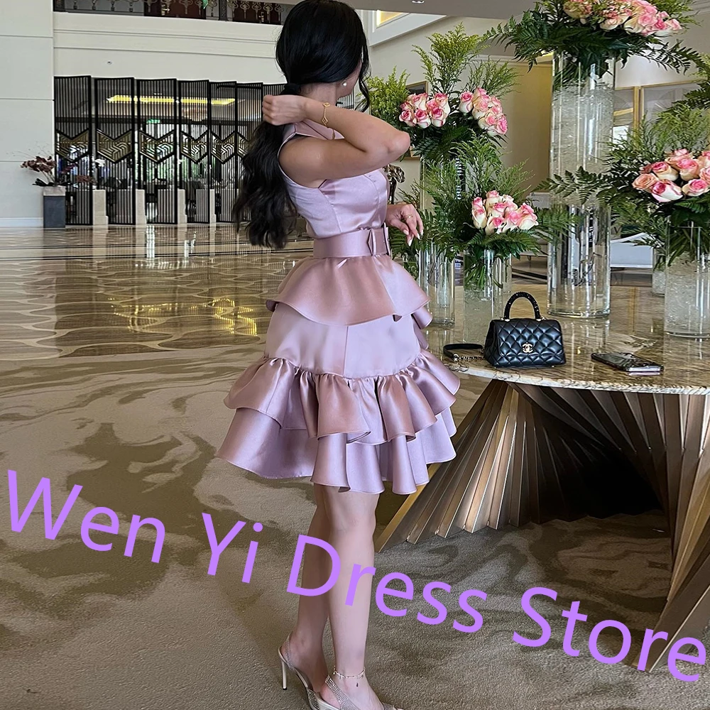 CustomizedV Neck Tiered A-Line pleats Sashes Evening Dress Modern Above Knee Length Satin Sleeveless Party Gowns for special occ