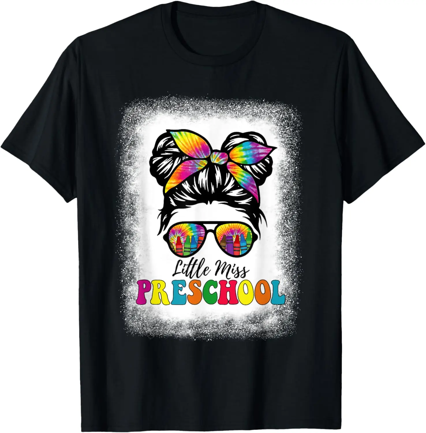 Little Miss Preschool Tie Dye Messy Bun Girl School Bleached T-Shirt