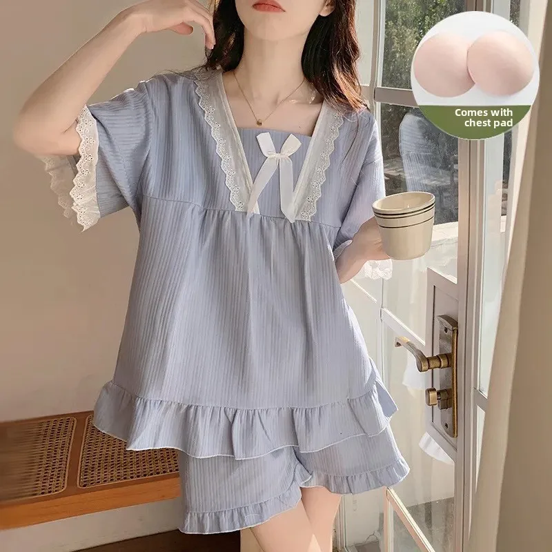 New Summer Women's Pajamas: Padded, Removable, Short-Sleeve, Lace-Trimmed, Sweet, Loose-Fitting Two-Piece Loungewear Set