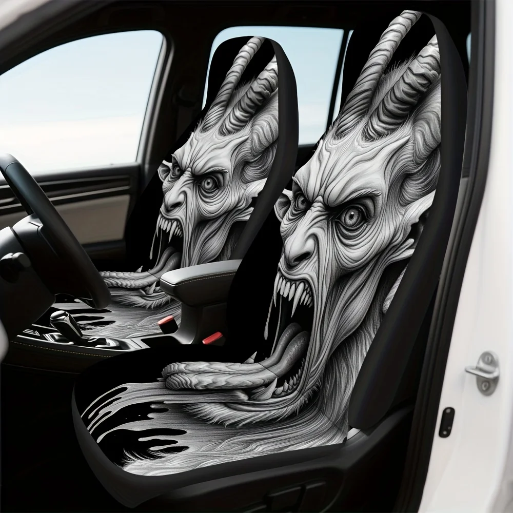 2pcs Gothic Devil Woman Wolf Car Seat Covers - Soft Foldable Front Seat Protectors With Dark Art Design, Polyester Blend, Fit Fo