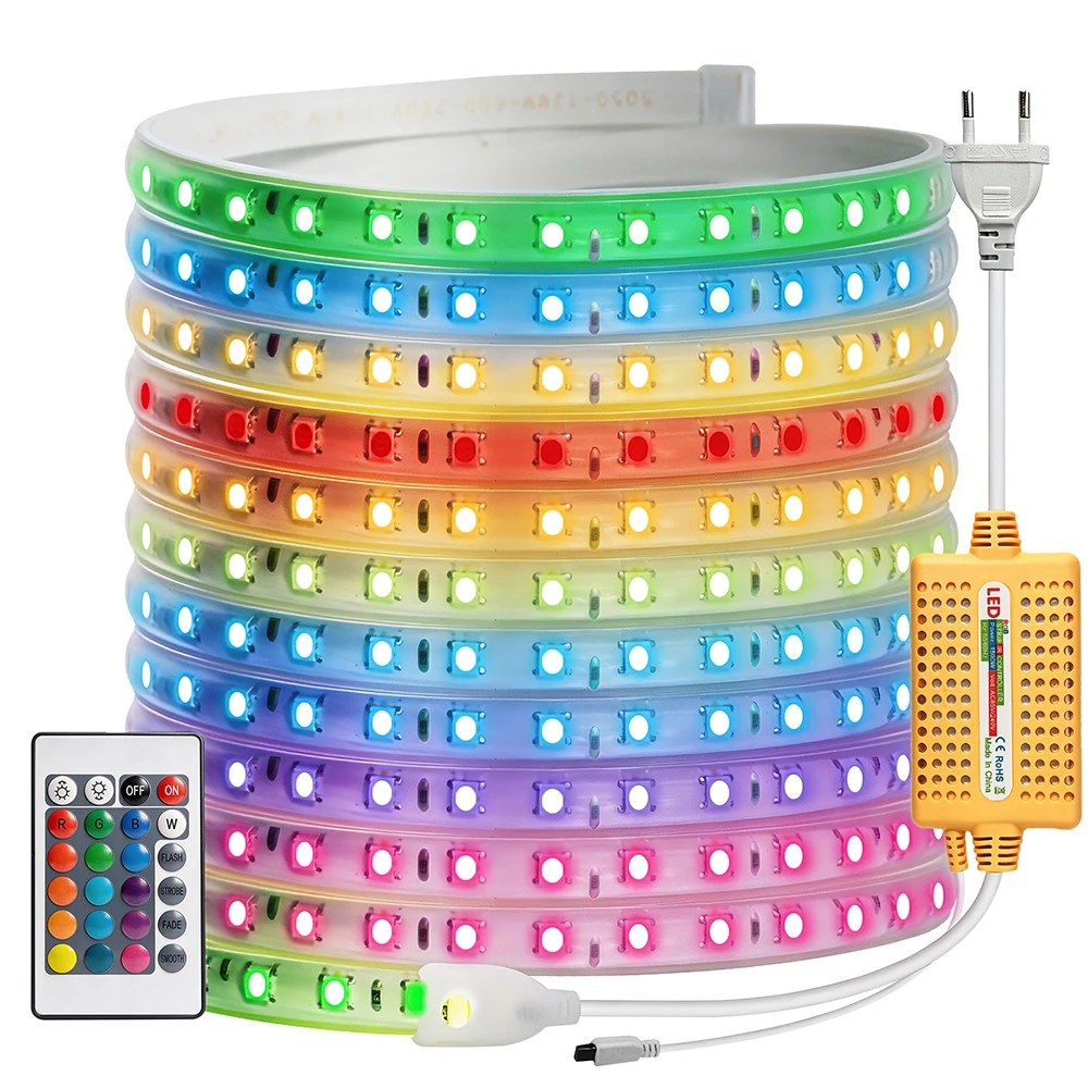 220V RGB 5050 LED Strip Light Flexible Ribbon Waterproof 24key IR Remote Control EU Plug for Living Room Home Decor DIY Project