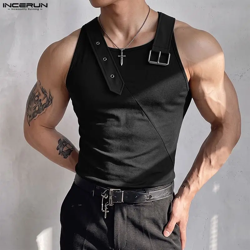 INCERUN Men's Tank Tops Belt Patchwork Sleeveless Summer Casual Male Vests Streetwear 2026 Fashion Men Clothes Tops For Man