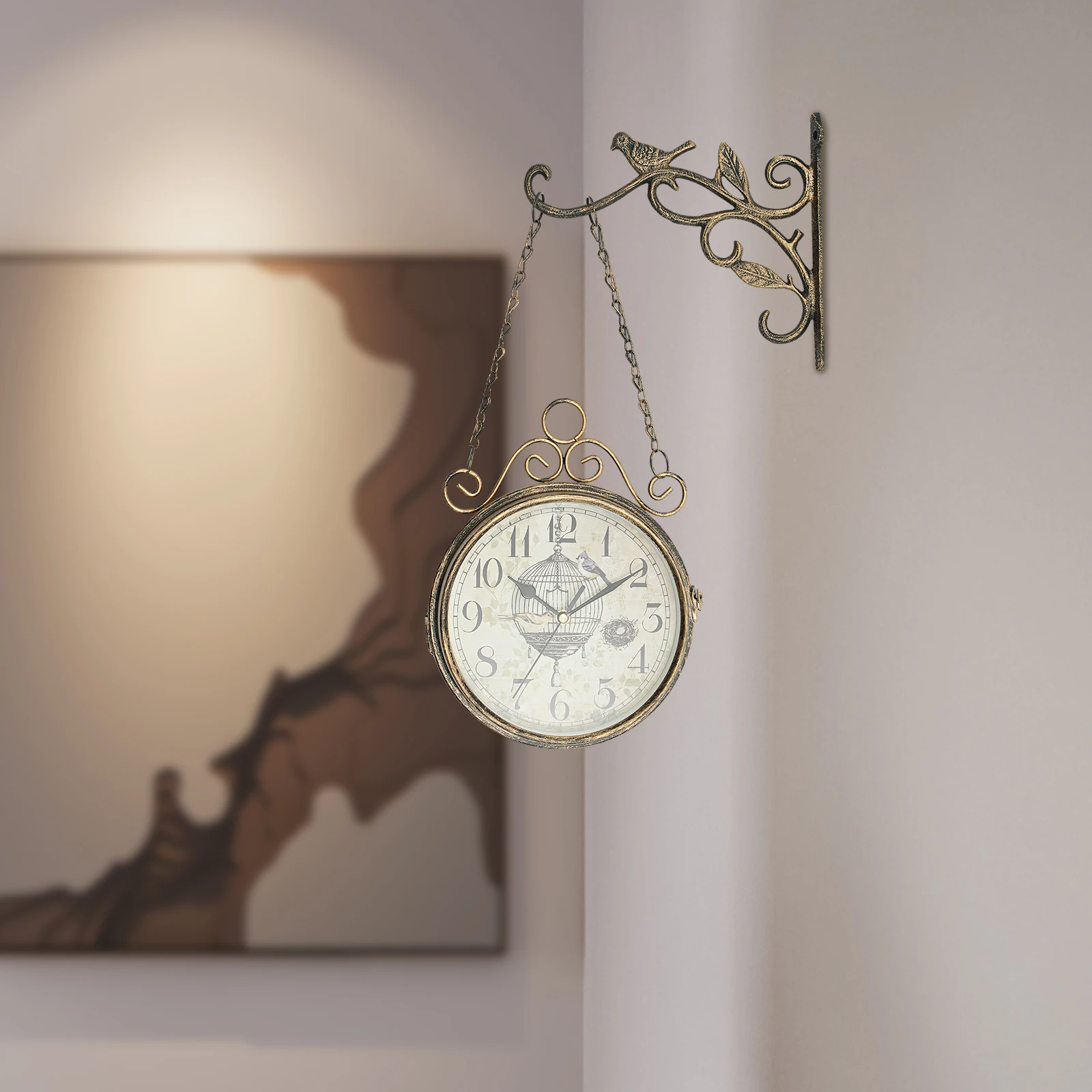 ساعة حائط مستديرة برونزية على الوجهين، ساعة حائط حديدية عتيقة ديكور 45*32 سم لغرف المعيشة وغرف النوم #1