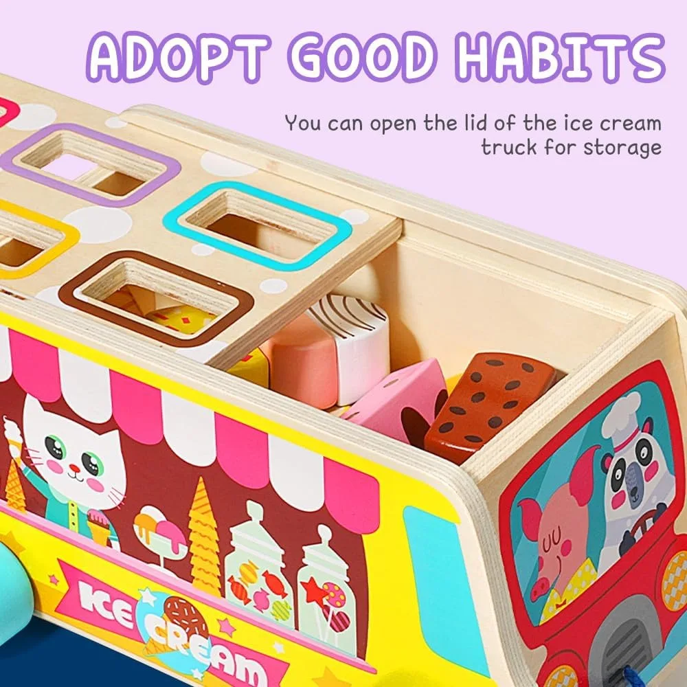 Camion de crème glacée en bois, jouet de crème glacée 27 pièces pour enfants, salon de crème glacée enfants en bois avec roues mobiles et magnétiques