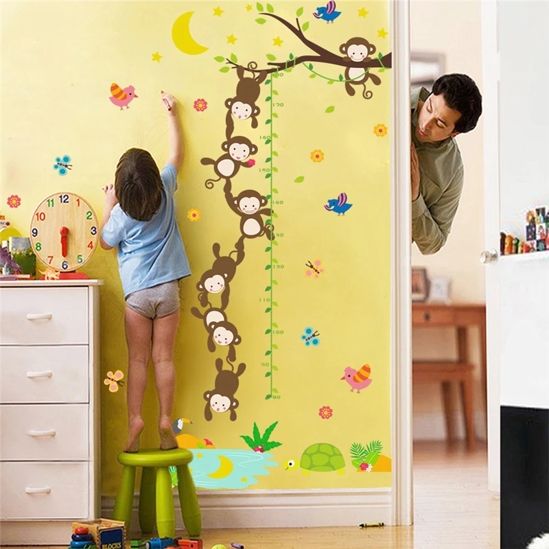 Lovely Monkeys Birds Growth Chart Children Height Measure Wall Art Sticker For Kids Room Decoration Animal Decals