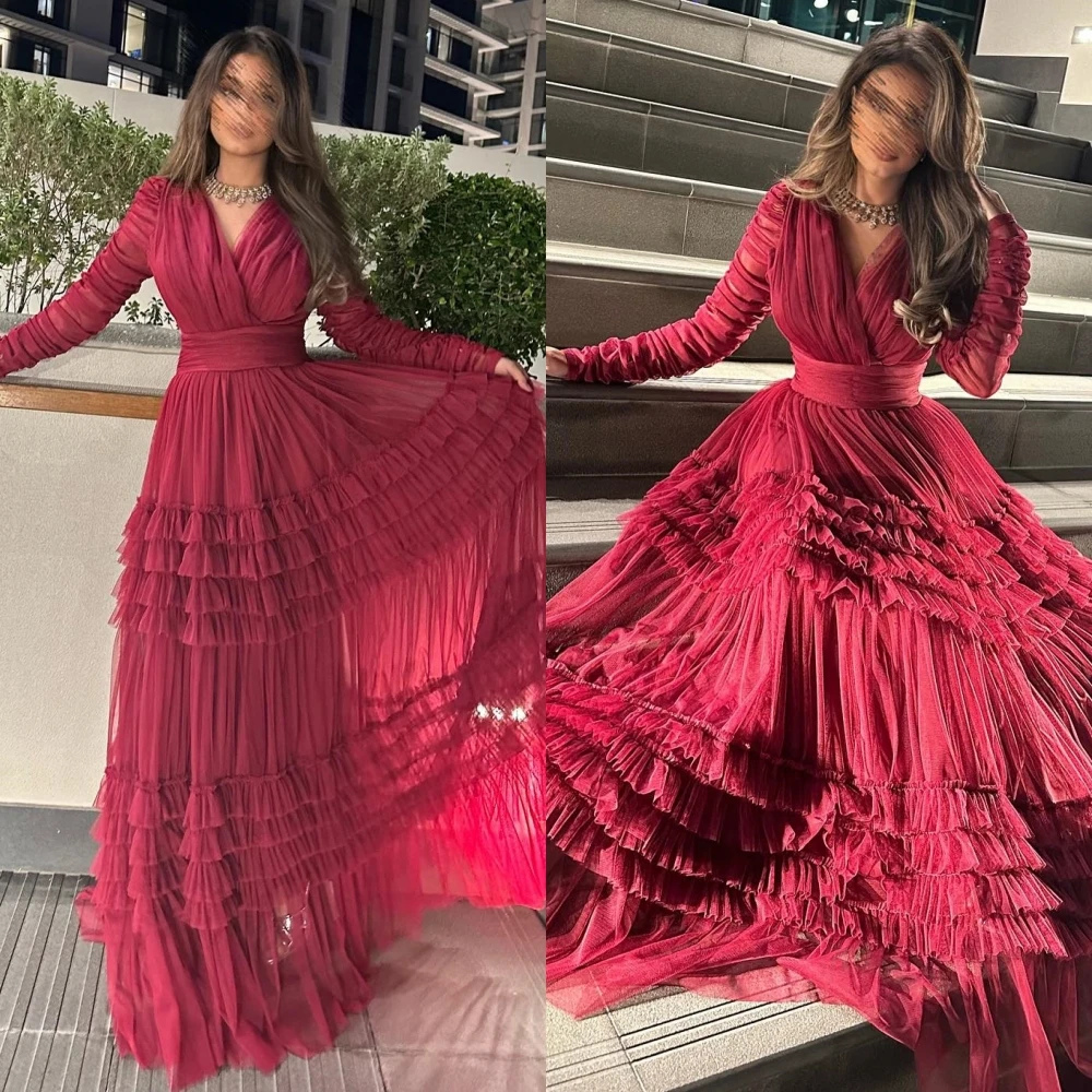 Robe de soirée longue en tulle, tenue de Rh, à plusieurs niveaux, col en v, sur mesure