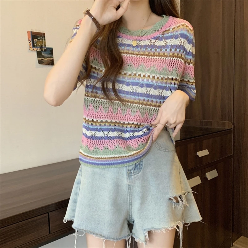 Women Short Sleeve Tops Summer Crocheted Knit Blouses T Shirt Hollow-Out Sweater