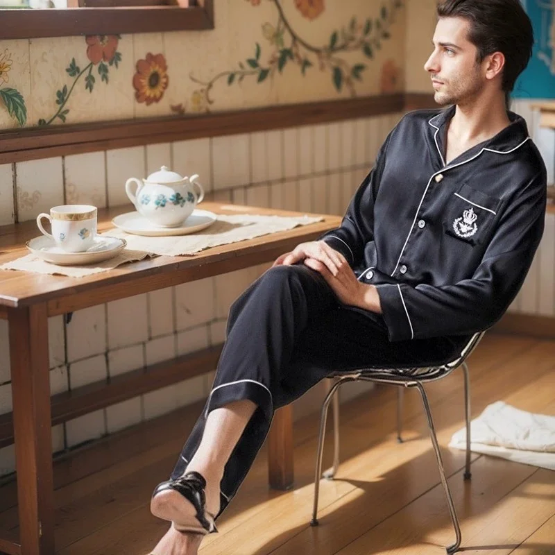 19 Momme Heavyweight Silk Pajamas for Men, Lightweight Style for Spring and Summer, 100% Mulberry Silk, Long-sleeved Loungewear