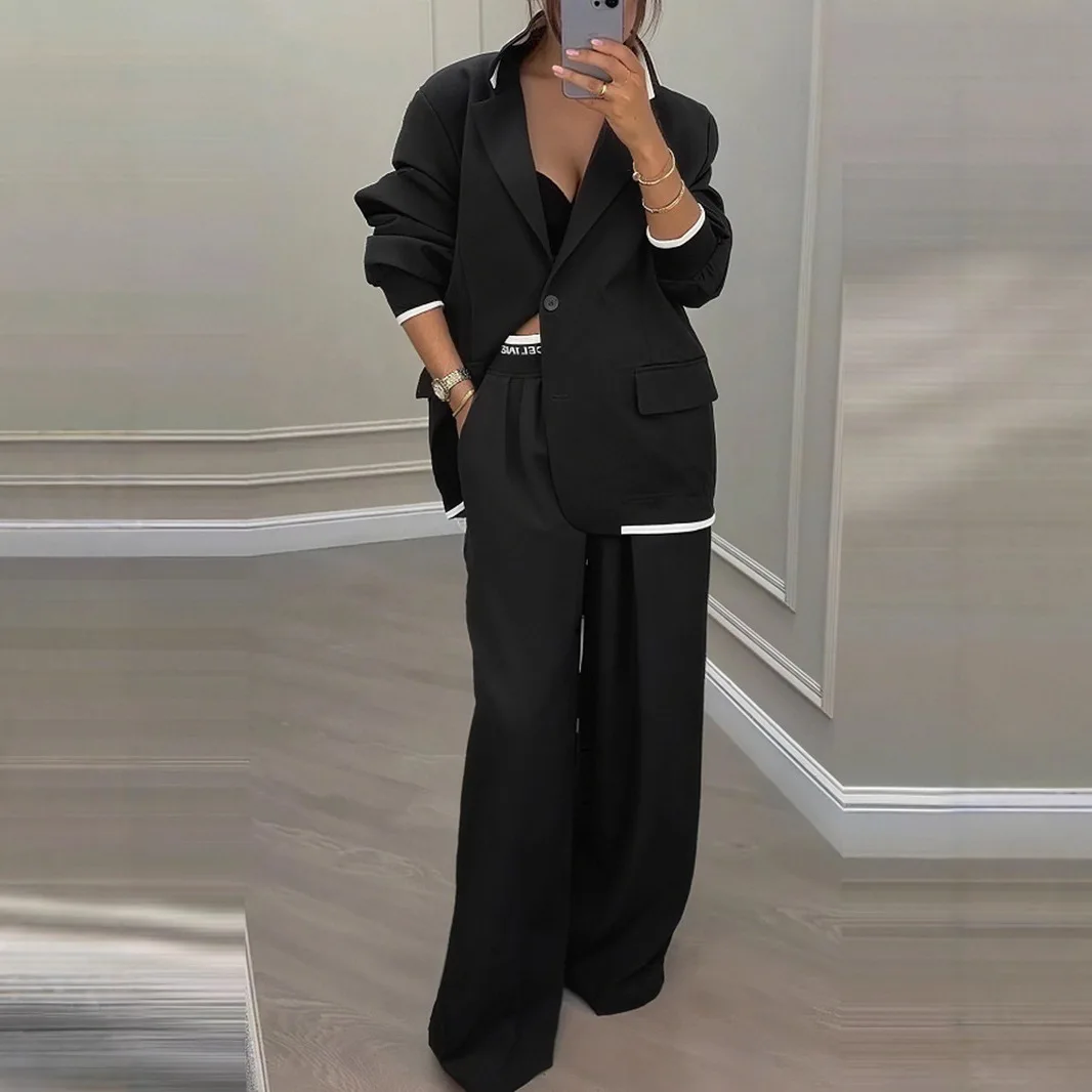 Autumn Winter Blazer Jacket Set Woman Elegant Single Button Lapel Cardigans & Wide Leg Trousers Suit Elegant Solid Office Outfit