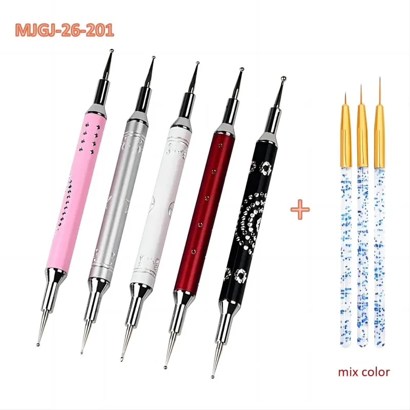 Kit d'outils pour la conception des ongles, 5 pièces/ensemble, avec double tête en métal, stylo à pointiller, avec doublure, dessin, pinceau
