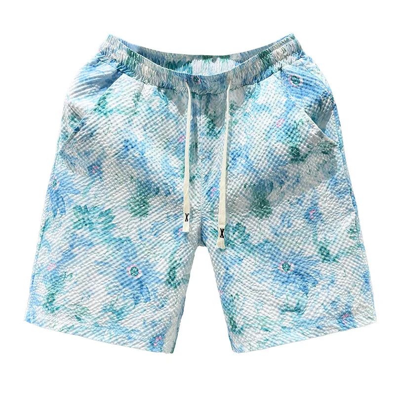 Casual Seersucker Textureกางเกงขาสั้นQuick-Dry Breathableตรงเอวยางยืดพิมพ์Streetวันหยุดกางเกงขาสั้นหลวมFitกางเกงขาสั้น