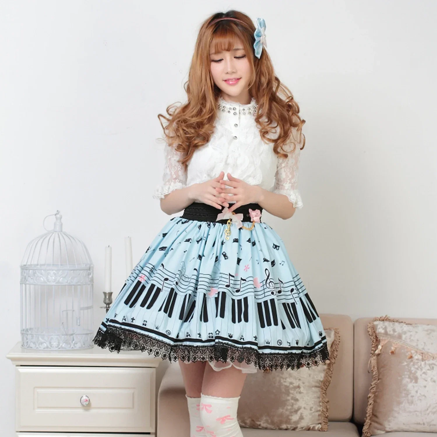 

Sweet Pink Lolita Summer Skirt Polyester Piano Keys Printed Japanese Lace Trim Elastic