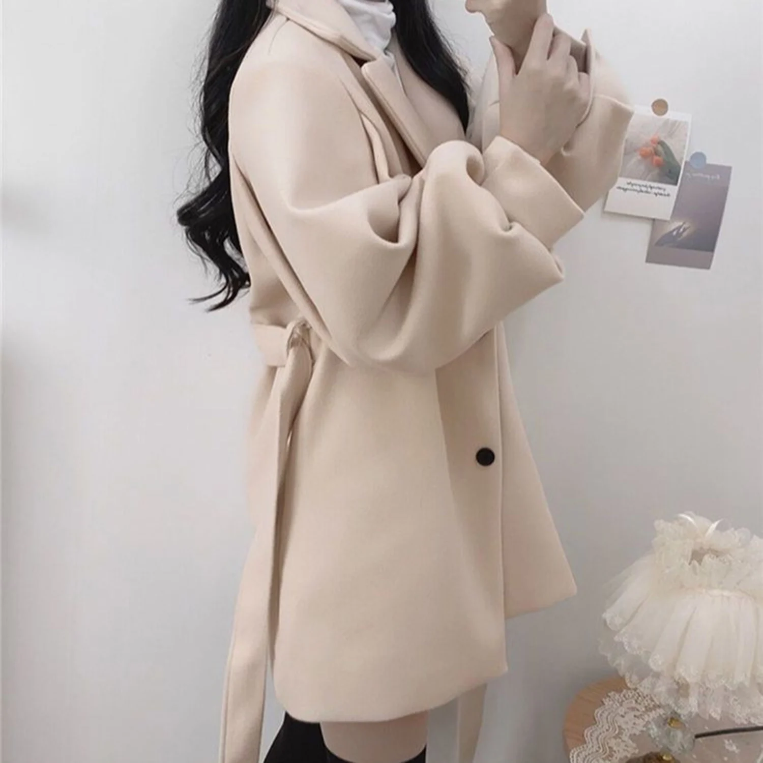 Allingentle Ivory Women's Blazer Woolen Fashion Jacket Street Coat with Belt for Cocktail Party Daily Outfits Customize