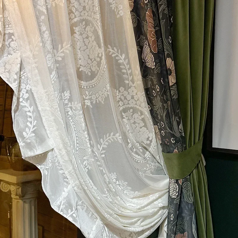Olive Green French Lace Yarn Velvet Curtains American Vintage Blackout for Dining Room Bedroom Living Room Custom Size Fashion
