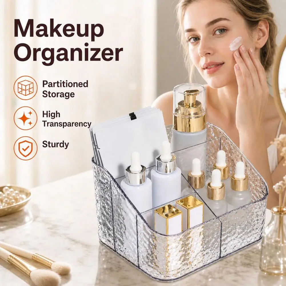 Clear PET Makeup Organizer 3/4/5 Compartment Cosmetic Storage Box Desktop Vanity Organizer for Lipstick Brushes Skincare