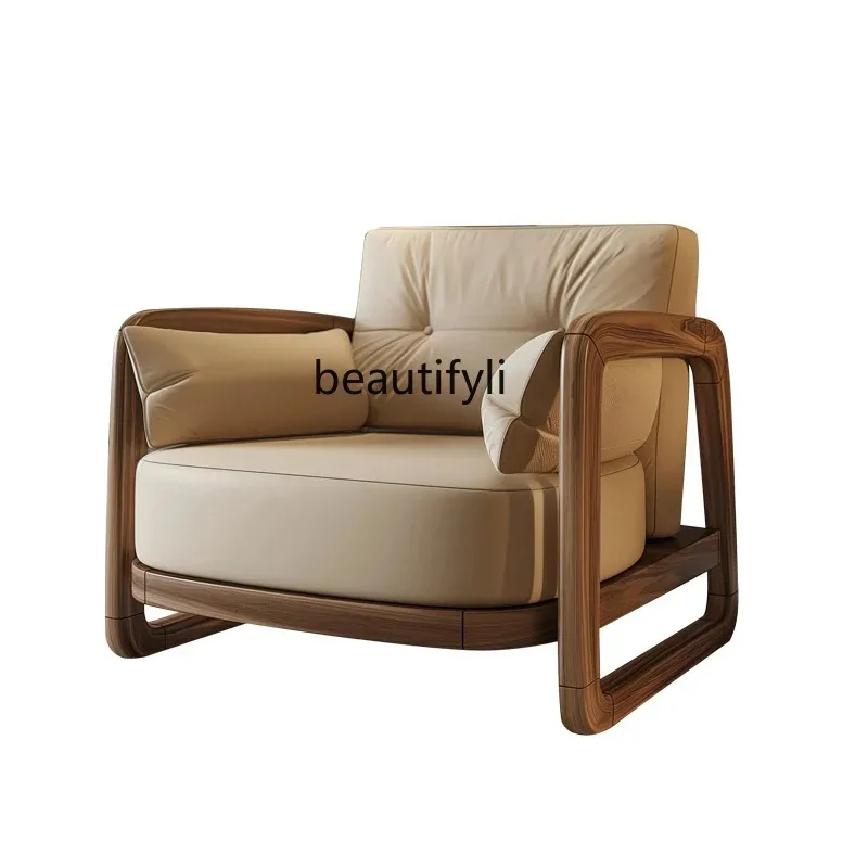 A506  New Chinese Solid Wood Single Sofa Chair Walnut Leisure Chair Living Room Leather Art Lazy Chair