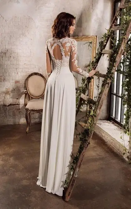 Sexy Chiffon Sheath V-neck Floor Length Wedding Dress with Lace and Applique