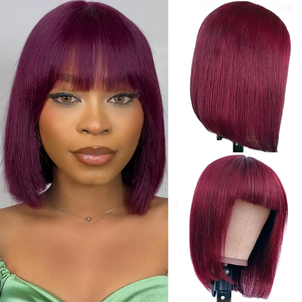 

99J Burgundy Colored Straight Short Bob Human Hair Wig With Bangs 200% Density None Lace Front Wig Machine Made for Black Women